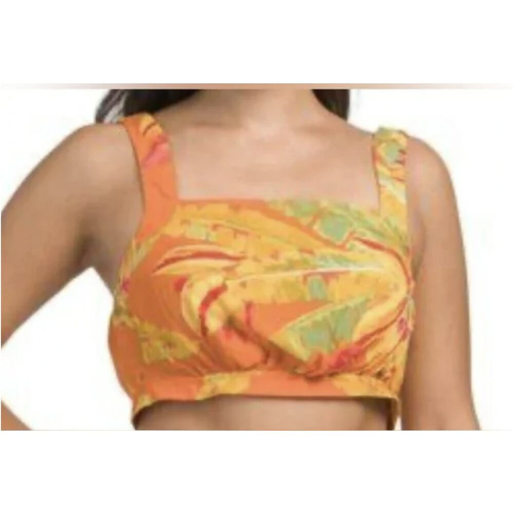 Haute Hippie Tropical Leaf Print Crop Top Womens M Orange Button Back Tie Waist